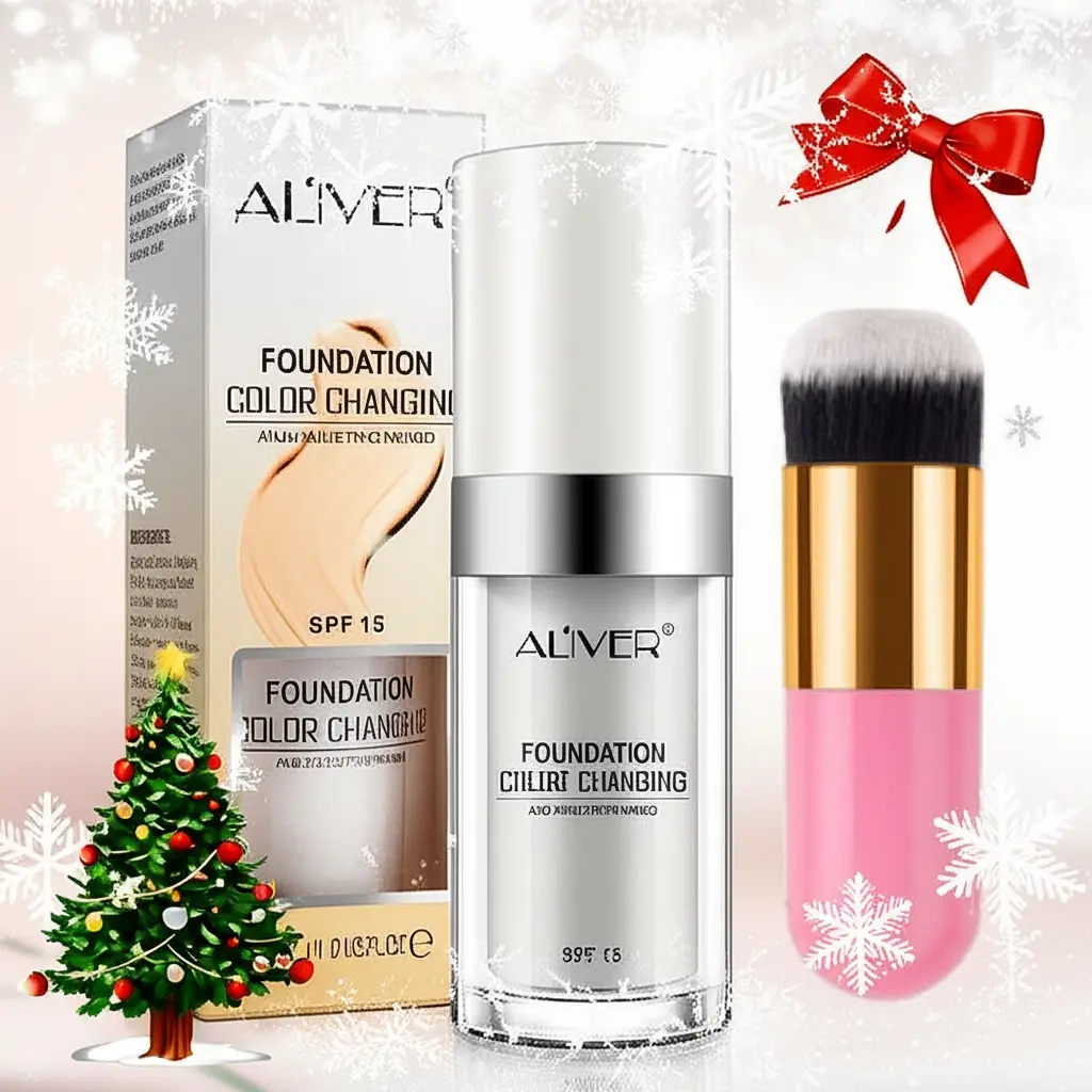 Aliver 30ML Color-Changing Foundation Set, Waterproof & Sweatproof Makeup Brush Kit, Long-Lasting Hydrating Moisturizing Natural Finish Bb Cream
