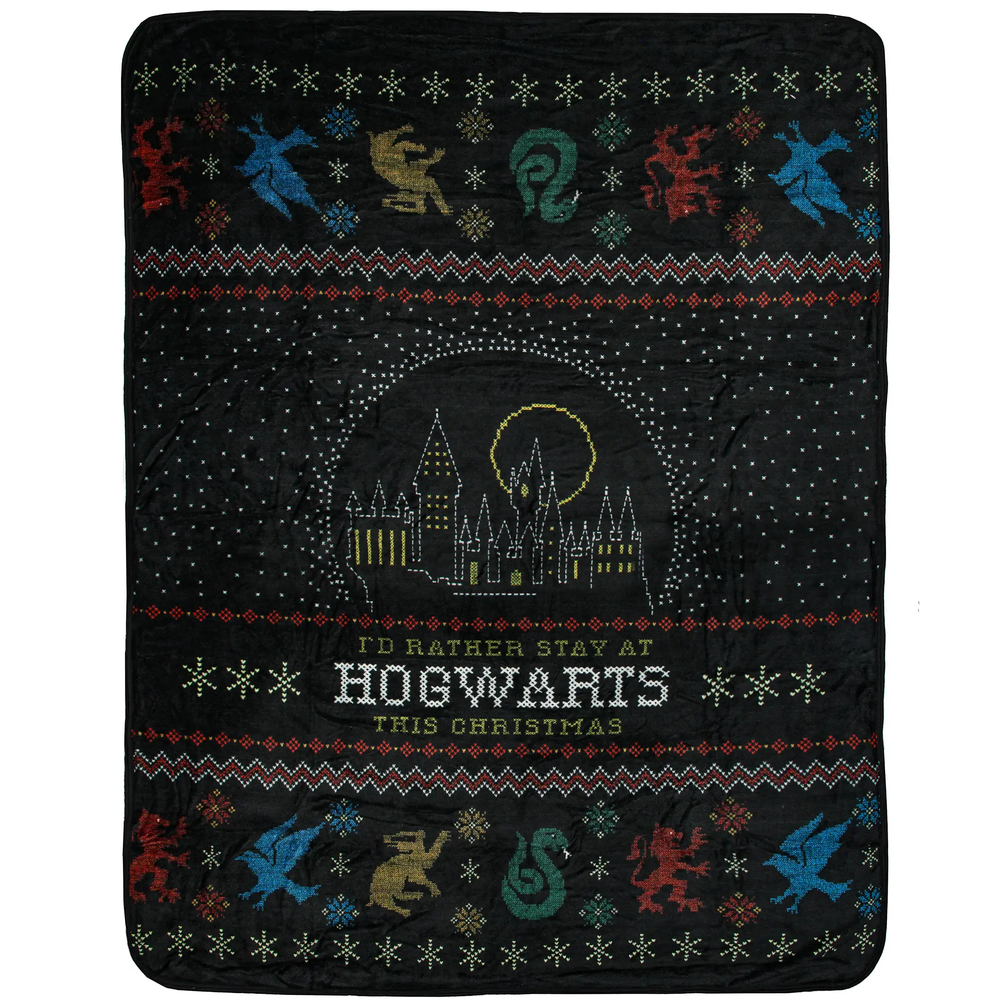 Harry Potter Themed Plush Throw Blanket, "I'd Rather Stay At Hogwarts" Design, Christmas/Birthday Gift, Cartoon Allover Sweater-Inspired Pattern, 46in x 60in