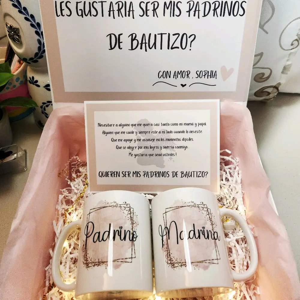 Propuesta para Padrinos with Tazas - Godparents Proposal Gift Box with Set of Two 11oz Mugs in Elegant Packaging