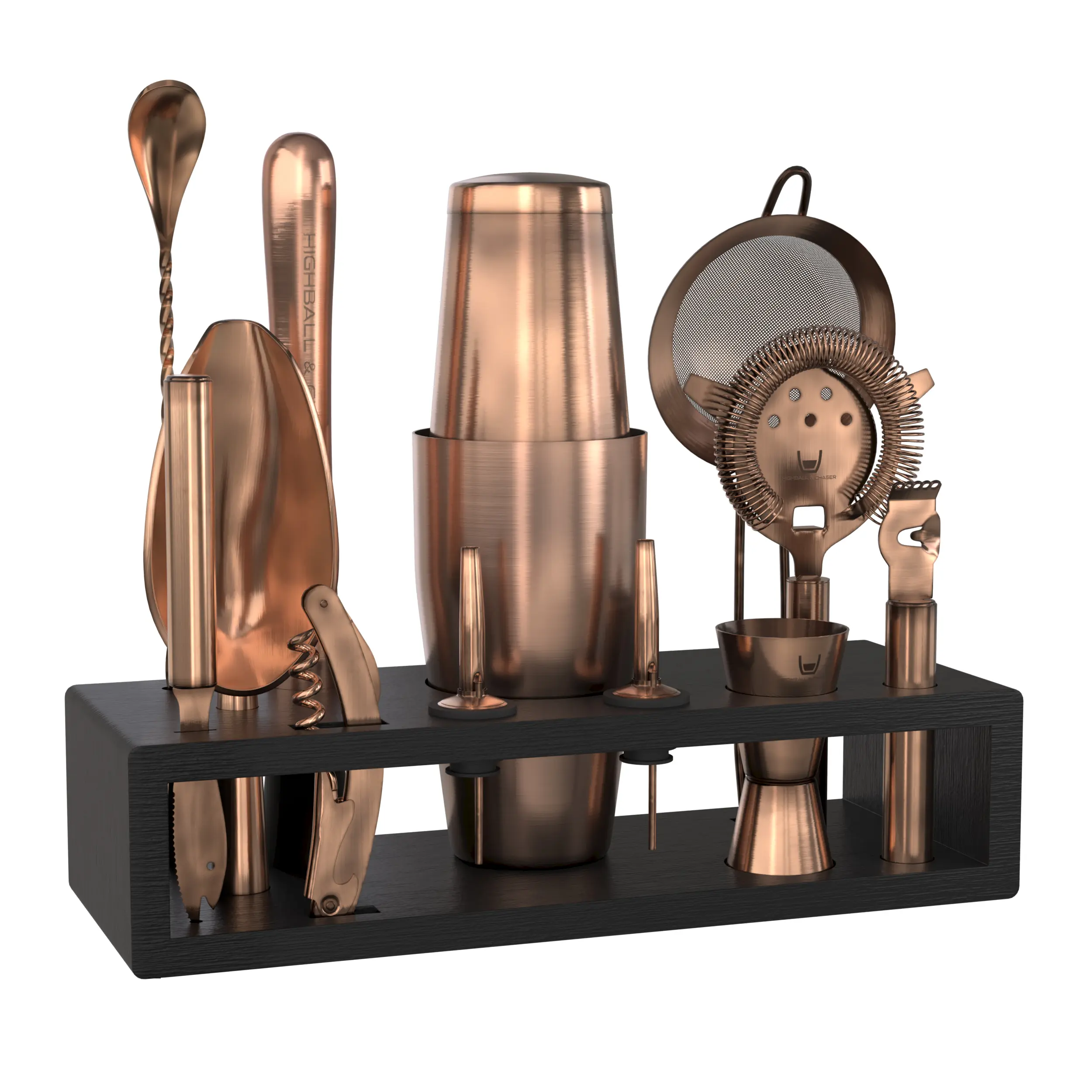 Highball & Chaser Bartender Kit with Black Bamboo Stand Beautiful Cocktail Shaker Set and Bar Tools Stainless Steel Boston Shaker Bartender Kit with Stand