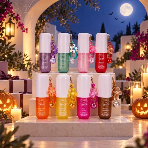 SOLO EN IBIZA 8-Piece Shimmer Body Mist, 8 Scents, 30ml x 8 Travel Size Body Sprays with Keychain & Bag Charm, Sparkling Glow, Cruelty-Free