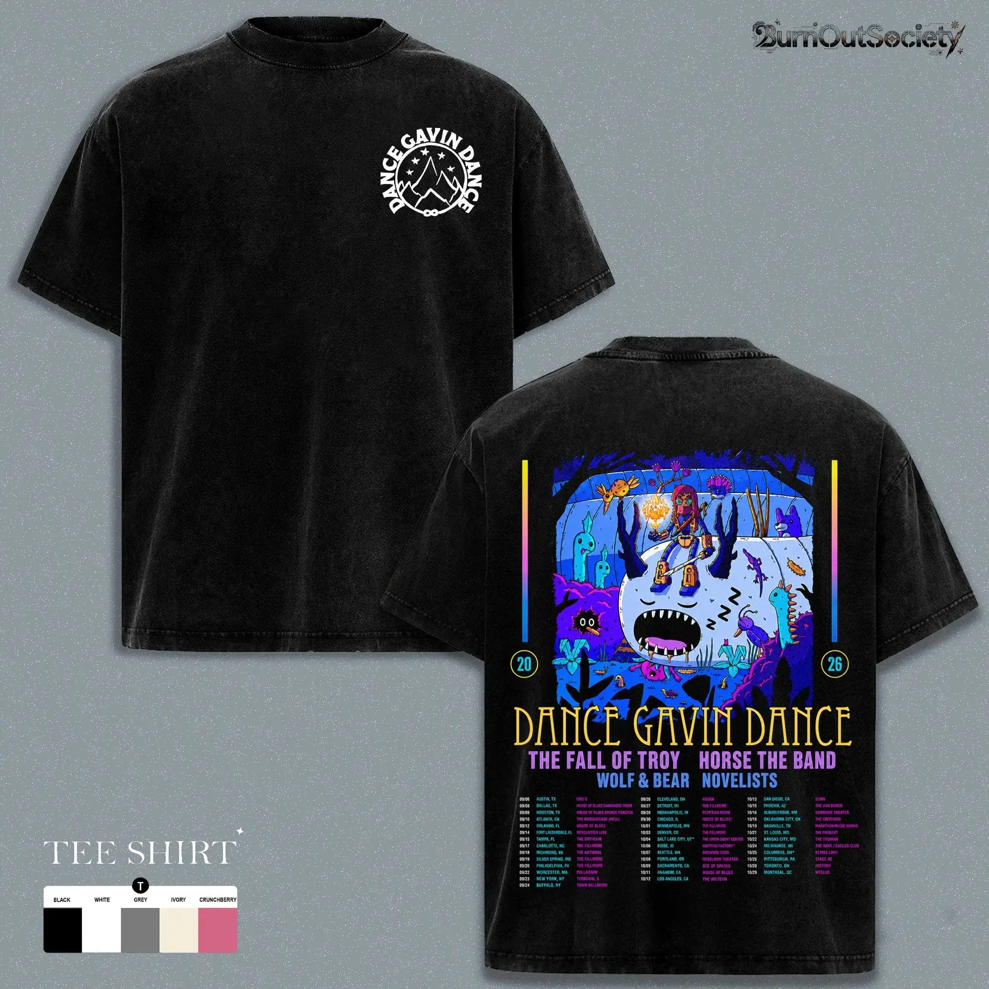Dance Gavin Dance Tour 2026 Vintage Washed T-Shirt, Alternative Rock Concert Outfit Oversized Graphic Tee, Post Hardcore Band Streetwear Heavyweight Graphic Tee, Double Sided Tour Dates Unisex Top, Retro Music Festival Fashion Gift for Fans