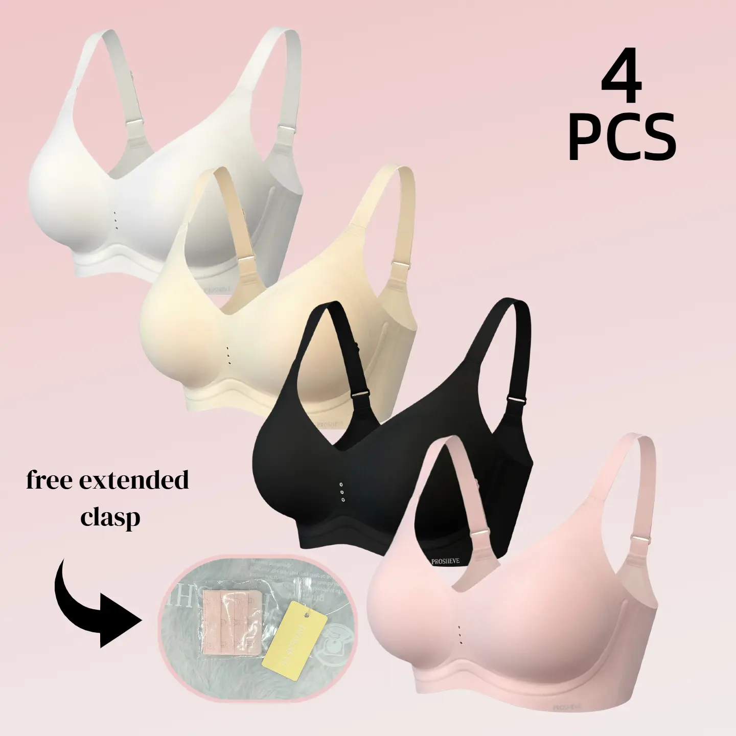 Prosheve 4pcs Women's Seamless Wireless Push Up Basic T-Shirt Bra - Lightweight Activewear, Ultra-Soft Stretch Nylon Fabric, Adjustable Straps, U-Back Design, Comfortable Support for Workout, Daily Wear