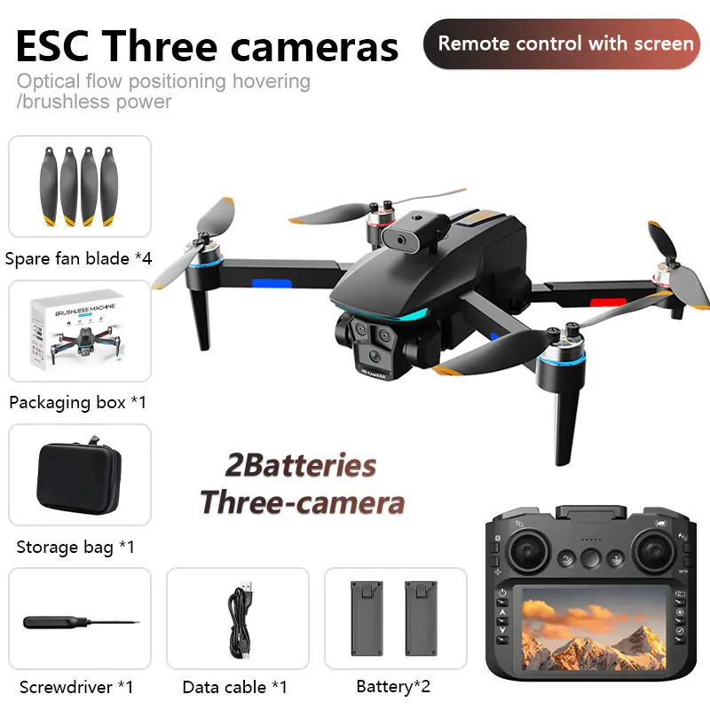 L23 3-Camera Drone with Remote Control Screen, Optical Flow Hovering, Brushless Power, 2 Batteries, Spare Fan Blades, and Storage Bag