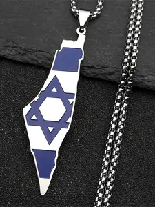 Blue Israel Map Pendant Necklace, Statement Religious Necklace for Women Men Stainless Steel Silver Color Geography Country Jewish Star Of David Chain Geometric Chain Design