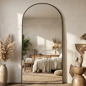 Antok Large Full Length Mirror with Stand Floor Free Standing Aluminum Frame for Bedroom Body Hanging Leaning Modern Simple Home Decor Shatter-proorf Nano Glass Wall, Gold/black-Rounded