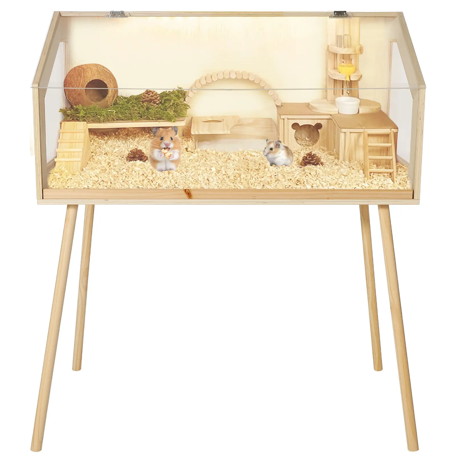 Chew-Proof Acrylic Viewing Panels & Openable Top - Large Wooden Hamster Cage with Elevated Platform - Ventilated Small Animal Enclosure for Dwarf Hamsters, Gerbils, Mice, Rats - Easy Assembly Habitat