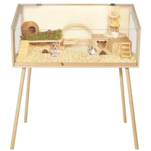 Chew-Proof Acrylic Viewing Panels & Openable Top - Large Wooden Hamster Cage with Elevated Platform - Ventilated Small Animal Enclosure for Dwarf Hamsters, Gerbils, Mice, Rats - Easy Assembly Habitat
