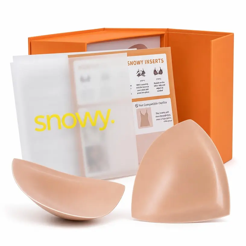 Snowy Inserts, Invisible Push‑Up Sticky Bra Inserts, Patented No‑Sew Self‑Adhesive Bra Pads, Reusable Lightweight Lift Inserts for Low‑Cut Tops, Dresses, Swimwear & Backless Outfits