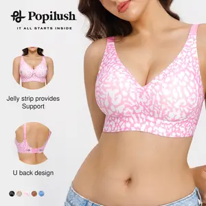 Popilush Seamless Wireless Leopard Print Jelly Bra - Adjustable strapless sexy V-neck one-piece molded cup bra, comfortable and supportive Minimalist Fit Womenswear