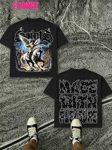 Men's Gothic Angel Print T-Shirt, Dark College Streetwear, Heavy Metal Aesthetic, Double-Sided Design, Casual Short Sleeve Top