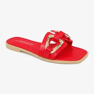 Regina - Square Toe Slip On Flat Sandals with Gold-Tone Hardware