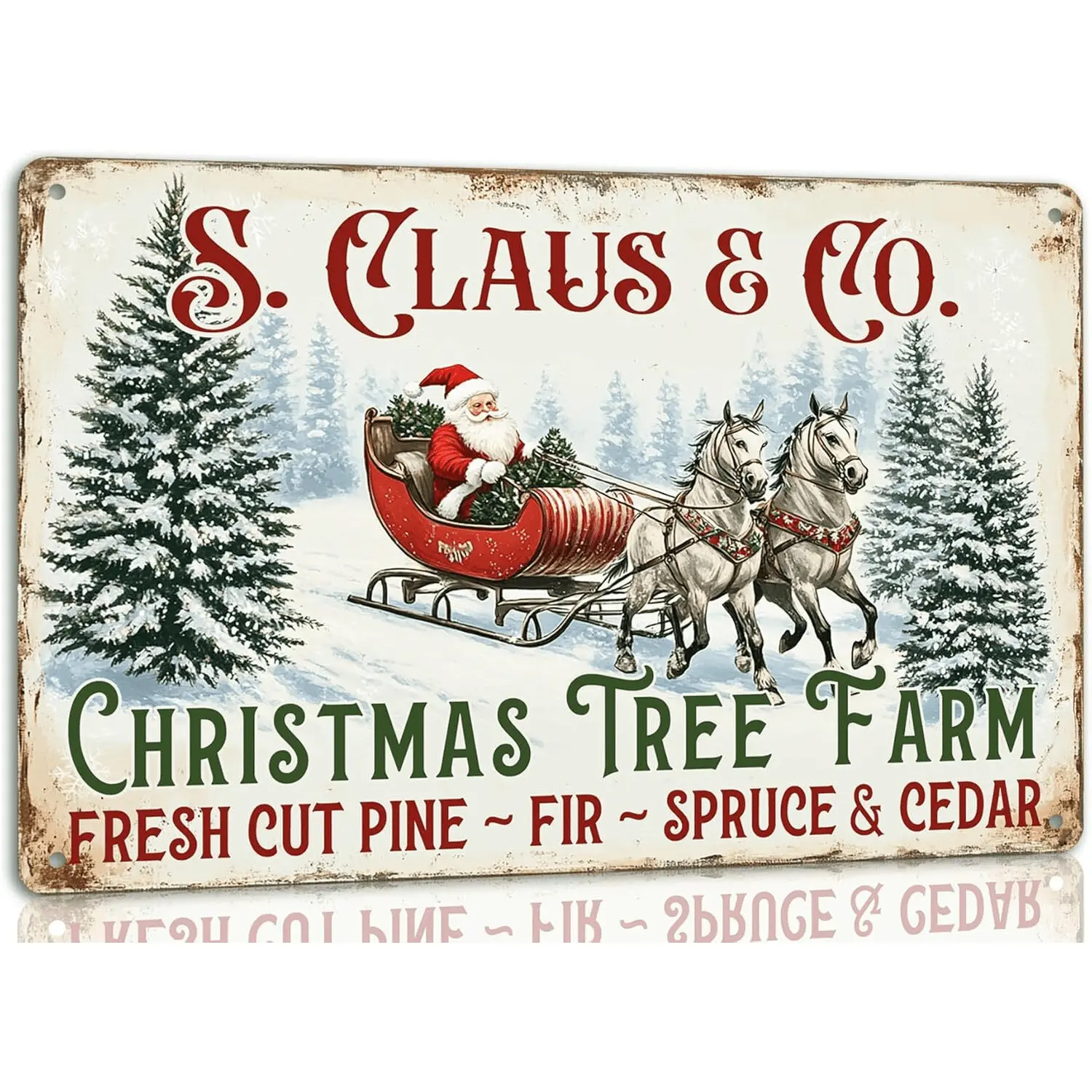S.Claus & Co. Vintage Christmas Tree Farm Metal Tin Sign - Rustic Holiday Steel-Iron Wall Decor with Santa's Sleigh, Pine, Spruce, Cedar Trees - Durable, No Electricity Needed, Perfect for Home, Garden
