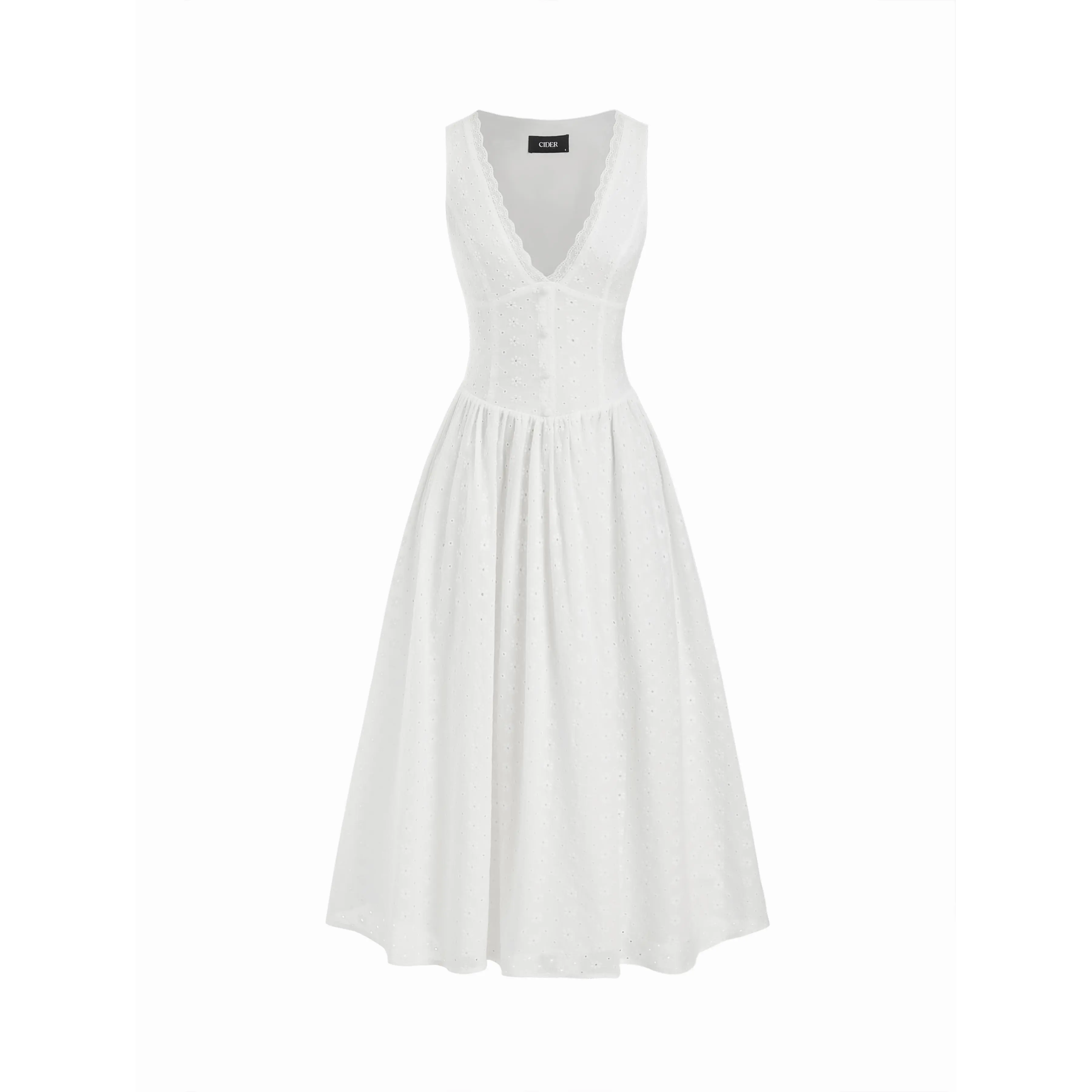 Cider Cotton V-neck Broderie Anglaise Floral Lace Trim Button Midi Dress -  TikTok Shop