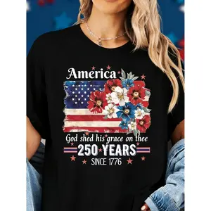 Womens T-shirts American 250th Anniversary Flag Flower T-Shirt Machine Washable Crew Neck for Valentine'S Day Birthday Gifts Mother's Day