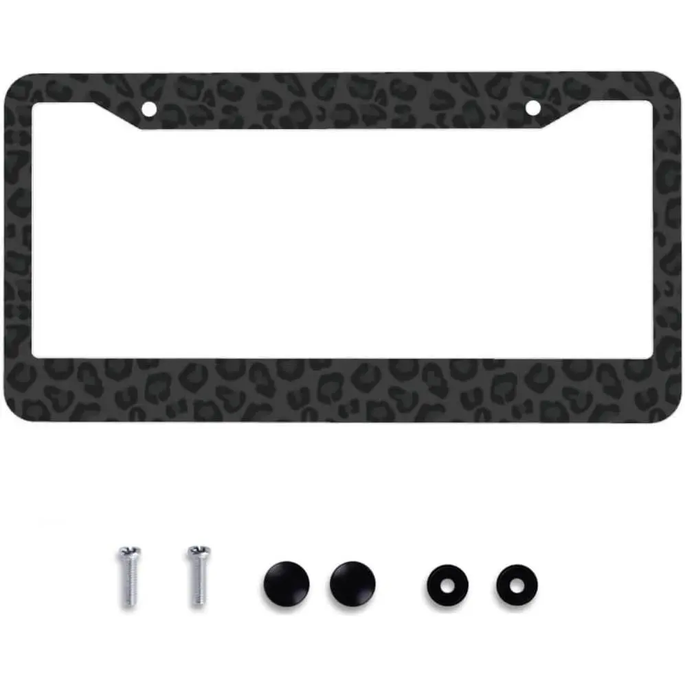 Black Leopard Print Aluminum Metal License Plate Frame - 12.3x6.3in 2-Hole Car Tag Cover for US Standard Vehicles, Cars & Minivans, Women's Decorative Holder, Perfect Gift for Family & Friends, 1 Pcs