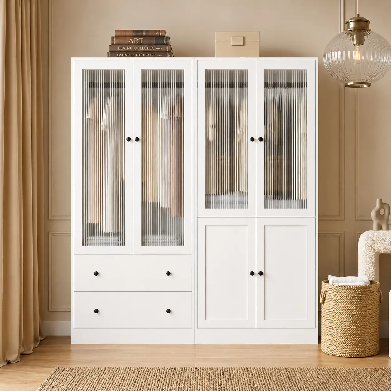 【2 Packages Delivery】VOWNER Wardrobe Closet with Fluted Glass Door, 2 Drawer & Shelf, Wooden White Armoire Storage Cabinet for Bedroom
