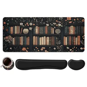 4pcs Vintage Bookcase with Floral Design Mouse Pad + Keyboard Wrist Rest + Coaster Set, Universal Mouse Pad, Desktop Accessory For Desktop Decoration, Office Accessories Set Ergonomic Wrist Support, Suitable For Home Office Gaming