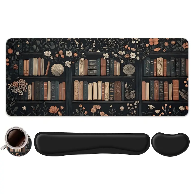 4pcs Bookcase with Floral Design Mouse Pad + Keyboard Wrist Rest + Coaster Set, Mouse Pad And Keyboard Wrist Rest, Desktop Accessory For Desktop Decoration, Office Accessories Set Ergonomic Wrist Support, Suitable For Home Office Gaming