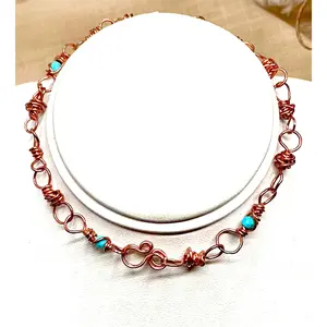 Genuine Copper and Turquoise Beaded Bracelet or Anklet-Messy Wire Wrapped-Solid Copper-Boho Chic Jewelry-Handmade-Gift for Him Her