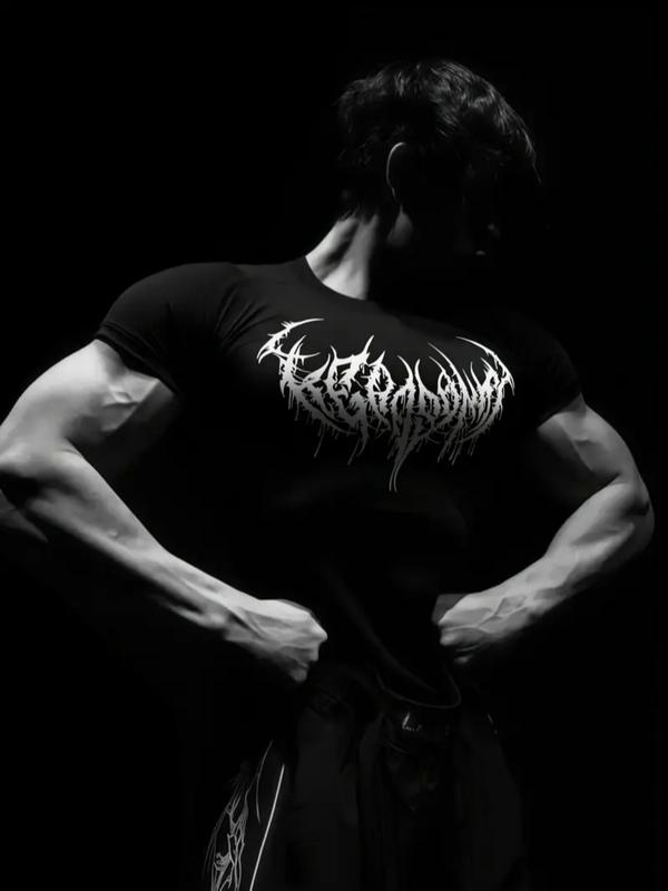 Gothic Style Men's Black Gym Shirt – Metallic Letter & Spine Wing Design, High-Stretch Slim Fit Workout Top, Ideal for Gym, Training & Casual Wear, Muscle-Enhancing Sportswear, Gothic Aesthetic Fitness Tee, Bodybuilding Fitness Tee