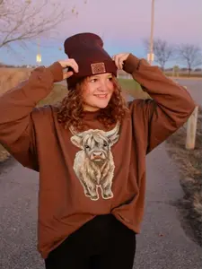 Mid West Kustums Leather Patch Beanie Brown Knit Hat with Logo Patch for Winter Warm & Stylish Winter Accessory