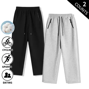 2-Pack Men’s Thick Cotton Fleece Straight-Leg Sweatpants, Fall/Winter Warm Soft French Terry Casual Pants with Zipper Pockets, Loose-Fit Workout Joggers for Sports, Cycling, and Everyday Dating