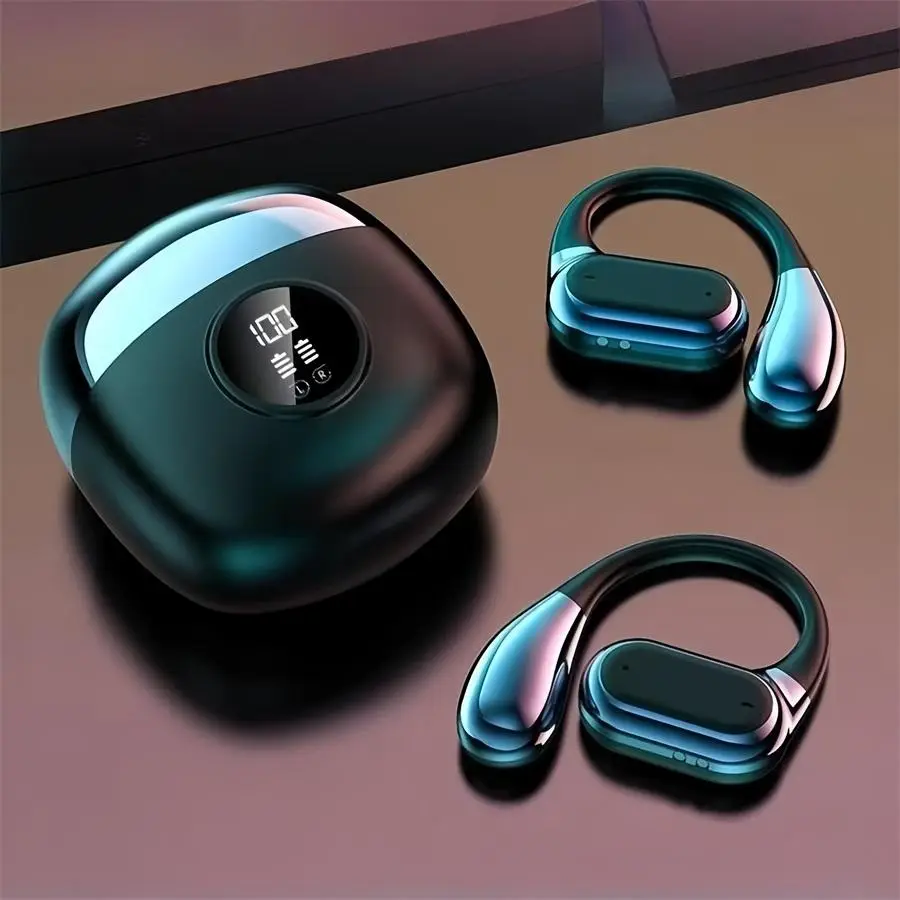 Open ear bone conduction earphone, BT wireless clamps on the earphone, with digital display charging case, 12 hours of playback time sports earphone,