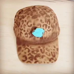 Hand-Painted Leopard Suede Baseball Cap Tan w/ Turq 986u