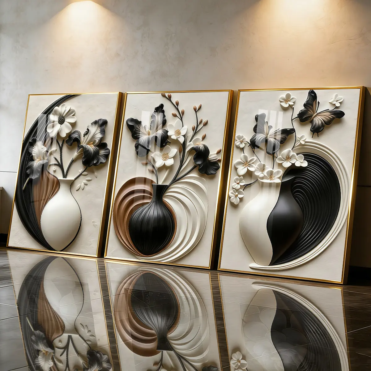 3Pcs Aluminum Alloy Framed Painting, Black And White Floral Vase With Butterfly Artwork, Home Decoration For Living Room, Bedroom, OfficeWall Decor, Odorless Print Artwork, Luxury Perfect Gift For Friends And Family