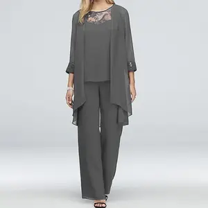 Women Flowy Chiffon Three Piece Set Lace Detailed Top Sheer Lightweight Cardigan Wide Leg Pants Elegant Formal Chic Outfit Wedding Evening Party Cocktail Event Mother of The Bride Special Occasion Comfortable