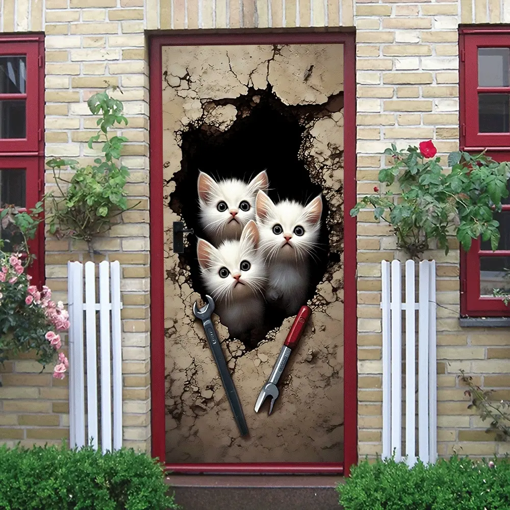 2pcs Cute Three White Kittens Wall Stickers Creative Broken Wall Effect Decorative Stickers for Kids Room Bedroom Living Room Cartoon Cat Animal Wall Decals Home Decor