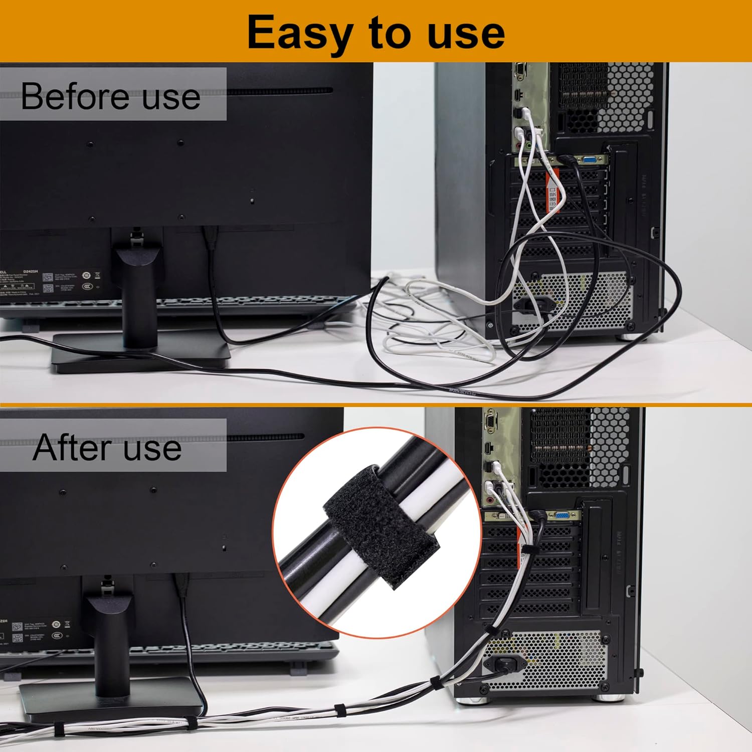 2 Pack Reusable Hook and Loop Cable Ties, Cut-to-Length Self-Gripping Cable Management Straps for Home Office