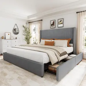 Garvee King Size Bed Frame with Storage Drawers, Corduroy Upholstered Platform Bed with Wingback and Tufted Headboard, No Box Spring Needed, Grey