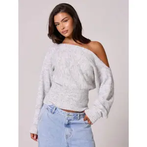 Fluffy Knit Asymmetrical Shoulder Cinched Waist Mohair Top Fall, Autumn, Old Money, Cute, Country, Cottage Core, Casual Lounge Sets For Women Butterscotch