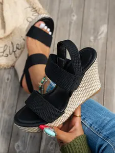 Women's Solid Color Wedge Sandals, Buckle Slip-On Design, Lightweight Comfortable, Perfect for Travel, Outdoors, Parties
