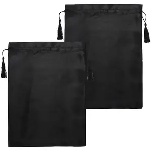 2 count Soft Silk Wig Bags Large Satin Hair Packaging Bags Travel Wig Storage Carrying Pouches with Drawstring Tassel for , Wigs, Hair Extensions, Hair Tools (Black)