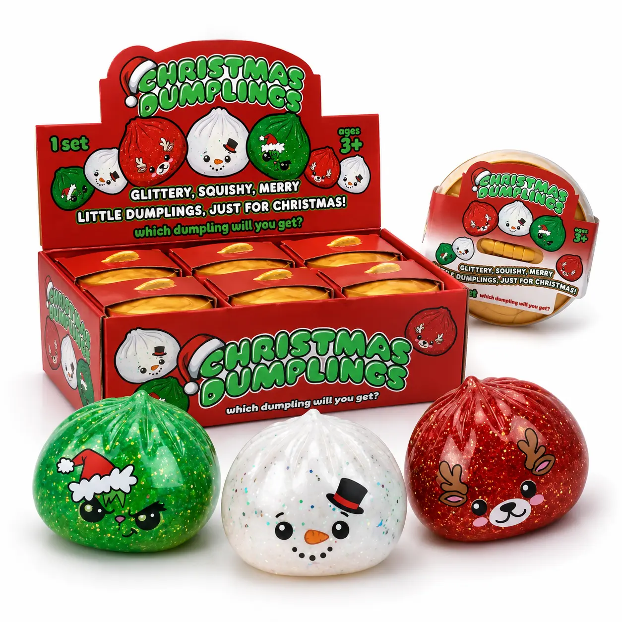 Christmas Dumpling Squishy Toy, Glitter TPR Squeeze Fidget, Cute Sensory Stress Relief Gift Toy, Stocking Stuffer, Holiday Desk Toy and Party Favor