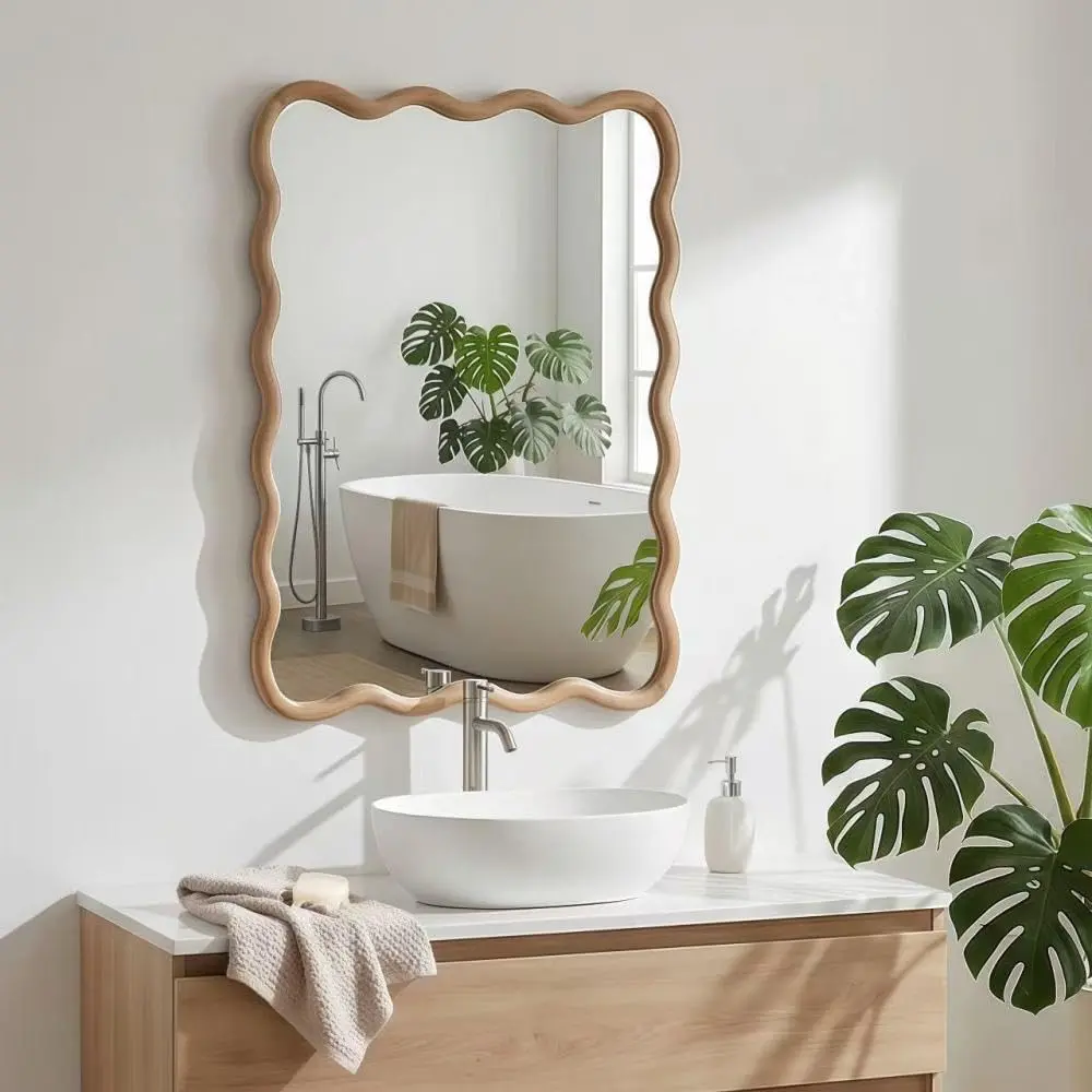 French Country Style 20x30 in Wavy Rectangle Solid Wood Vanity Mirror - Float Hanging Wall Mount Decor with Glass, Easy Installation for Bedroom, Entryway, Retro Look