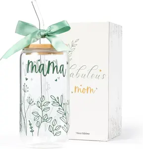 Gifts for Mom-Bow Mama Glass Cup with Lids and Straws Cute Aesthetic Iced Coffee Cup Smoothie Tumbler Gift for Mothers Day Christmas New Mom to be Personalized Birthday Presents for Women 16oz