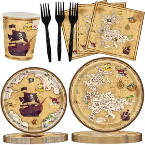 Pirate Party Supplies Set, 100-Piece Pirate Theme Dinnerware Kit Includes Plates Napkins Cups Forks Treasure Map Decorations