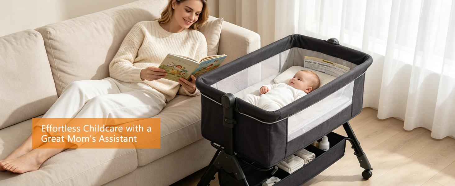 【SummerVibes】 Portable Baby Bed 6-in-1 - Foldable Crib w/ 6 Height Adjustments, Bedside Sleeper, Rocker & Bassinet + Storage Basket & Mattress & Ultra-Quiet Wheels , Nursery Must-Have Folding Sleeping Cot