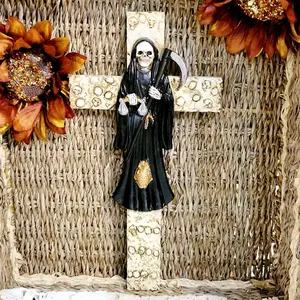 Santa Muerte en Crucifijo 12" Wall Crucifix Holy  Death  Grim Reaper Black Dress religious home decor