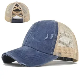 Custom Faded Cotton Trucker Hat with Mesh Back and PonyTail Crossing