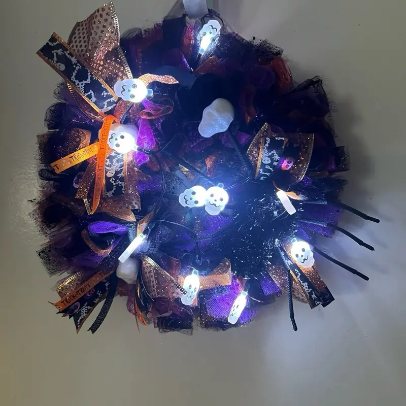 Unique Design Front Door Decor for Fall Season with Lighted Skulls and Colorful Bows
