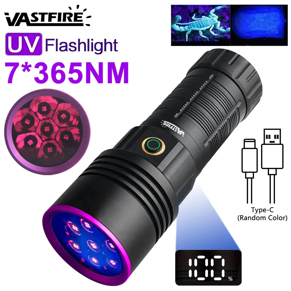 VASTFIRE 140W High-Power 365NM UV 7-LED Super Bright Flashlight, High-Power Standard Torch, Black Light Inspection Tool for UV Glue Curing, Hydraulic Leak Detection, High-Power Standard Torches