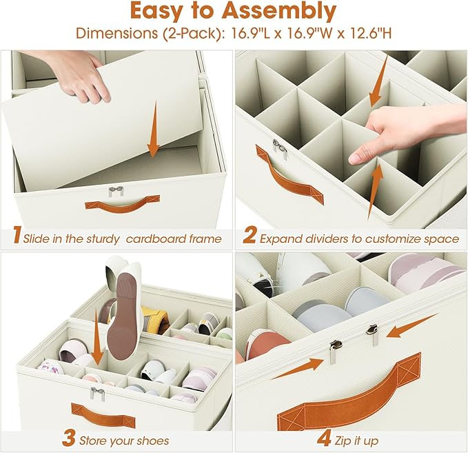 Shoe Storage Box Organizer with Adjustable Dividers, Transparent Cover, Handles on 3 Sides, Beige, 17x17x12.5 Inches