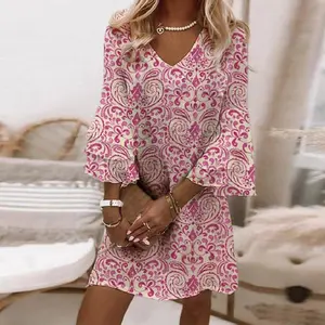 Women's Flattering Dresses to Hide Tummy Printed V-Neck 3/4 Sleeves Mini Dress Fall Wedding Guest Dresses