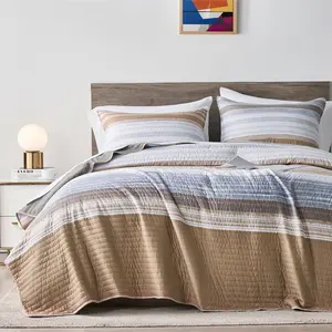 King/Cal King Quilt, White Grey and Khaki Patchwork Striped Quilt, 2 Lightweight Bedspread Coverlet with 1 Pillow Sham(Khaki,King)