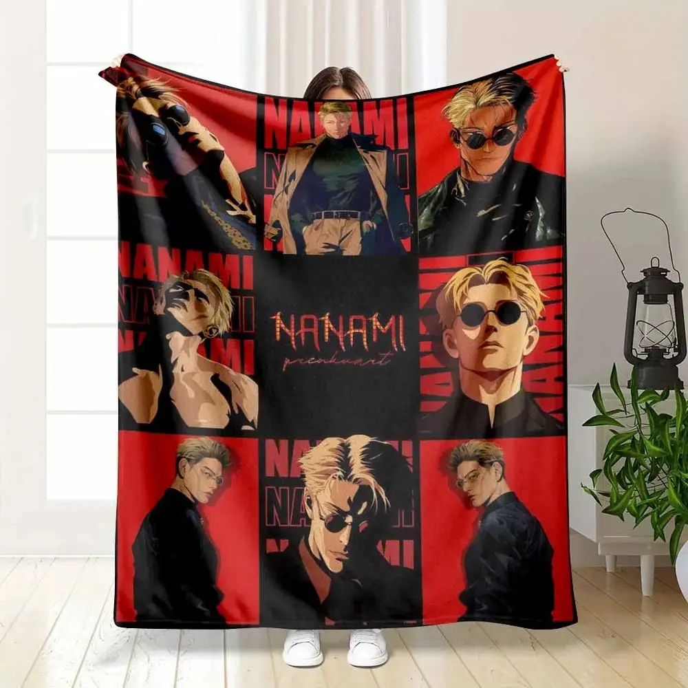 Jujutsu Kaisen Nanami Kento Classic Flannel Throw Blanket, Bold Red-Black Grid Pattern Character Art, Soft Warm Lightweight for Home-Travel Indoor Use, Sofa Bedroom Office Gift Decor